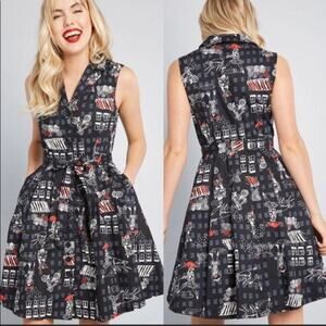 Modcloth Community Brunch Black Sleeveless Dog Print Shirtdress size small